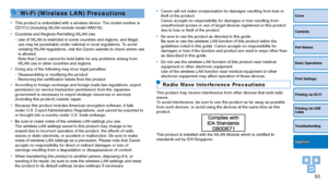 Page 6363
Cover
Contents
Part Names
Basic Operations
Print Settings
Printing via USB 
Cable
Troubleshooting
Printing via Wi-Fi
Appendix
Wi-Fi (Wireless LAN) Precautions
•	This product is embedded with a wireless device. The model number is 
CD1112 (including WLAN module model WM318).
•	 Countries and Regions Permitting WLAN Use
-
 Use of WLAN is restricted in some countries and regions, and illegal 
use may be punishable under national or local regulations. To avoid 
violating WLAN regulations, visit the Canon...