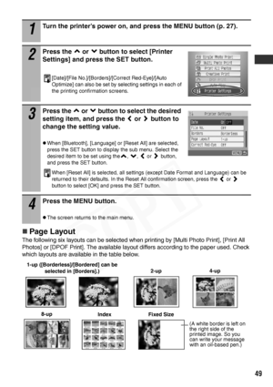 Page 51
49
„Page Layout
The following six layouts can be selected when printing by [Multi Photo Print], [Print All 
Photos] or [DPOF Print]. The available layout differs according to the paper used. Check 
which layouts are available in the table below.
1
Turn the printer’s power on, and press the MENU button (p. 27).
2
Press the   or   button to select [Printer 
Settings] and press the SET button.
[Date]/[File No.]/[Borders]/[Correct Red-Eye]/[Auto 
Optimize] can also be set by selecting settings in each of...