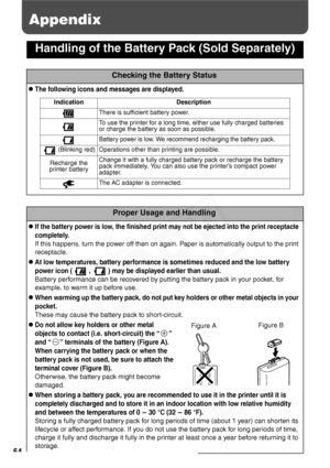 Page 66
64
Appendix
Handling of the Battery Pack (Sold Separately)
Checking the Battery Status
zThe following icons and messages are displayed.
Proper Usage and Handling
zIf the battery power is low, the finished print may not be ejected into the print receptacle 
completely.
If this happens, turn the power off then on again. Paper is automatically output to the print 
receptacle. 
zAt low temperatures, battery performance is sometimes reduced and the low battery 
power icon ( ,  ) may be displayed earlier than...