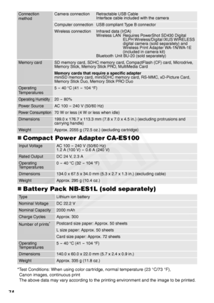 Page 76
74
„Compact Power Adapter CA-ES100
„Battery Pack NB-ES1L (sold separately)
*Test Conditions: When using color cartridge, normal temperature (23 °C/73 °F), Canon images, continuous print
The above data may vary according to the printing environment and the image to be printed.
Connection 
methodCamera connectionRetractable USB Cable
Interface cable included with the camera
Computer connectionUSB compliant Type B connector
Wireless connectionInfrared data (IrDA)
Wireless LAN Requires PowerShot SD430...