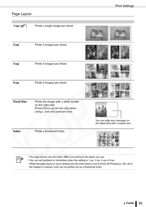 Page 49
Print Settings
49Printing from Memory Cards
Page Layout
1-up ( )Prints a single image per sheet.
2-up Prints 2 images per sheet.
4-up Prints 4 images per sheet.
8-up Prints 8 images per sheet.
Fixed Size Prints the image with a white border 
on the right side.
[Fixed Size] can be set only when 
using L size and postcard size.
Index Prints a thumbnail index.
• The page layout you can select differs according to the paper you use.
• You can set bordered or borderless when the setting is 1-up, 2-up, 4-up...