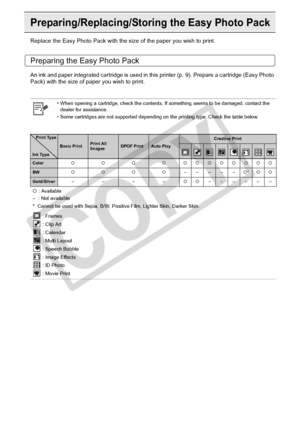 Page 20
20Getting Started
Preparing/Replacing/Storing the Easy Photo Pack
Replace the Easy Photo Pack with the size of the paper you wish to print.
Preparing the Easy Photo Pack
An ink and paper integrated cartridge is used in this printer (p. 9). Prepare a cartridge (Easy Photo 
Pack) with the size of paper you wish to print.
• When opening a cartridge, check the contents. If something seems to be damaged, contact the dealer for assistance.
• Some cartridges are not supported depending on the printing type....