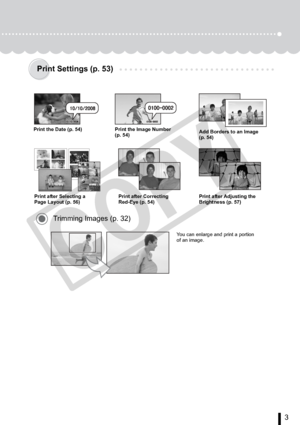 Page 3
3
Print Settings (p. 53)
Print the Date (p. 54) Print the Image Number (p. 54) Add Borders to an Image 
(p. 54)
Print after Selecting a 
Page Layout (p. 56) Print after Correcting 
Red-Eye (p. 54)Print after Adjusting the 
Brightness (p. 57)
You can enlarge and print a portion 
of an image.
Trimming Images (p. 32)

C
O
P
Y  