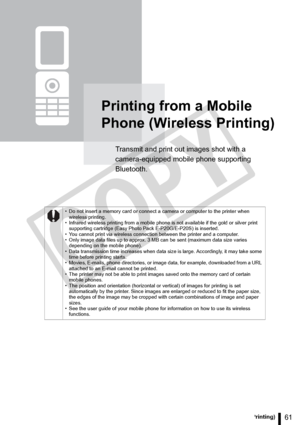 Page 61
61Printing from a Mobile Phone (Wireless Printing)
Printing from a Mobile 
Phone (Wireless Printing)
Transmit and print out images shot with a 
camera-equipped mobile phone supporting 
Bluetooth.
• Do not insert a memory card or connect a camera or computer to the printer when wireless printing.
• Infrared wireless printing from a mobile phone is not available if the gold or silver print 
supporting cartridge (Easy Photo Pack E-P20G/E-P20S) is inserted.
• You cannot print via wireless connection between...