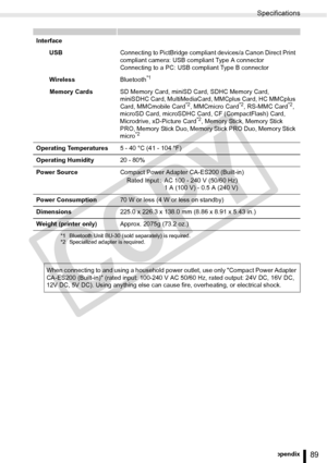 Page 89
Specifications
89Appendix
InterfaceUSB Connecting to PictBridge compliant devices/a Canon Direct Print 
compliant camera: USB compliant Type A connector
Connecting to a PC: USB compliant Type B connector
Wireless Bluetooth
*1
Memory CardsSD Memory Card, miniSD Card, SDHC Memory Card, 
miniSDHC Card, MultiMediaCard, MMCplus Card, HC MMCplus 
Card, MMCmobile Card
*2, MMCmicro Card*2, RS-MMC Card*2, 
microSD Card, microSDHC Card, CF (CompactFlash) Card, 
Microdrive, xD-Picture Card
*2, Memory Stick, Memory...