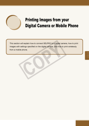 Page 65


This section will explain how to connect SELPHY to a digital camera, how to print 
images with settings specified on the digital camera, and how to print wirelessly 
from a mobile phone.
Printing Images from your 
Digital Camera or Mobile Phone

C
O
P
Y  