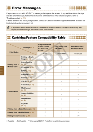 Page 76


Cartridge/Feature Compatibility Table
Easy Photo Pack E-P50, E-L100, E-L50, E-C25, E-C25L
Easy Photo Pack E-P25BWEasy Photo Pack E-P20G, E-P20S
ColorBlack/WhiteSilver/Gold
Printing from a Memory Card
Printing a Single Image (p. 12)–
Batch Printing  (p. 12)–
All Images (p. 30)–
DPOF (p. 67)–
Auto Play (p. 28)–
Creative Print
Frames (p. 40)–
Clip Art (p. 42)–
Calendars (p. 44)––
Multi Layout(p. 46)––
Speech Bubbles(p. 48)––
Image Effect(p. 50)–
ID photo(p. 52)–
Printing...