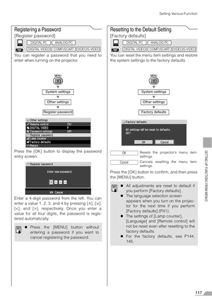 Page 117117
SETTING UP FUNCTIONS FROM MENUS
Setting Various Function
Registering a Password
[Register password]
You can register a password that you need to
enter when turning on the projector.
T
T
T
Press the [OK] button to display the password
entry screen.
Enter a 4-digit password from the left. You can
enter a value 1, 2, 3, and 4 by pressing [ ], [ ],
[], respectively. Once you enter a
value for all four digits, the password is regis-
tered automatically.
Resetting to the Default Setting
[Factory defaults]...