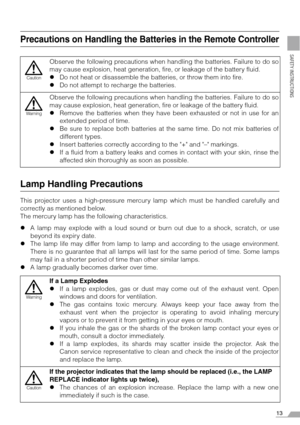 Page 1313
SAFETY INSTRUCTIONS
Precautions on Handling the Batteries in the Remote Controller
Lamp Handling Precautions
This projector uses a high-pressure mercury lamp which must be handled carefully and
correctly as mentioned below.
The mercury lamp has the following characteristics.
zA lamp may explode with a loud sound or burn out due to a shock, scratch, or use
beyond its expiry date.
zThe lamp life may differ from lamp to lamp and according to the usage environment.
There is no guarantee that all lamps...