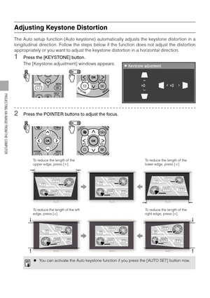 Page 5252
PROJECTING AN IMAGE FROM THE COMPUTER
Adjusting Keystone Distortion
The Auto setup function (Auto keystone) automatically adjusts the keystone distortion in a
longitudinal direction. Follow the steps below if the function does not adjust the distortion
appropriately or you want to adjust the keystone distortion in a horizontal direction.
1Press the [KEYSTONE] button.
The [Keystone adjustment] windows appears.
2Press the POINTER buttons to adjust the focus.
zYou can activate the Auto keystone function...