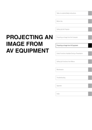 Page 63Table of contents/Safety Instructions
Before Use
Setting Up the Projector
Projecting an Image from the Computer
Projecting an Image from AV Equipment
Useful Functions Available During a Presentation
Setting Up Functions from Menus
Maintenance
Troubleshooting
Appendix
Index
PROJECTING AN 
IMAGE FROM 
AV EQUIPMENT 