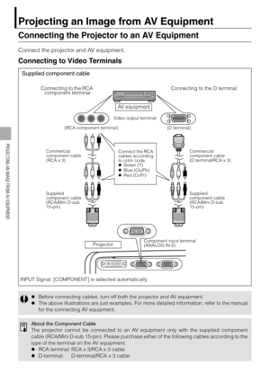 Page 6464
PROJECTING AN IMAGE FROM AV EQUIPMENT
Projecting an Image from AV Equipment
Connecting the Projector to an AV Equipment
Connect the projector and AV equipment.
Connecting to Video Terminals
zBefore connecting cables, turn off both the projector and AV equipment.
zThe above illustrations are just examples. For more detailed information, refer to the manual
for the connecting AV equipment.
About the Component Cable
The projector cannot be connected to an AV equipment only with the supplied component...