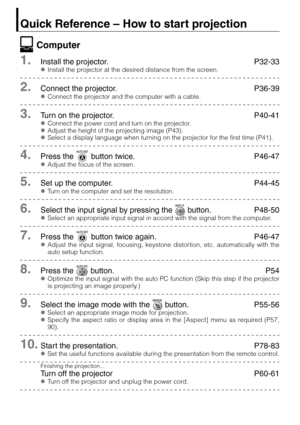 Page 22
Quick Reference – How to start projection
Computer
1.Install the projector. P32-33
zInstall the projector at the desired distance from the screen.
2.Connect the projector. P36-39
zConnect the projector and the computer with a cable.
3.Turn on the projector. P40-41
zConnect the power cord and turn on the projector.
zAdjust the height of the projecting image (P43).
zSelect a display language when turning on the projector for the first time (P41).
4.Press the   button twice. P46-47
zAdjust the focus of...