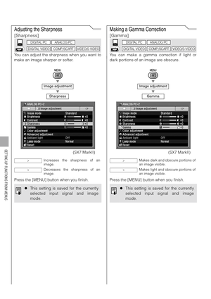 Page 104104
SETTING UP FUNCTIONS FROM MENUS
Adjusting the Sharpness
[Sharpness]
You can adjust the sharpness when you want to
make an image sharper or softer.
T
T
Press the [MENU] button when you finish.
Making a Gamma Correction
[Gamma]
You can make a gamma correction if light or
dark portions of an image are obscure.
T
T
Press the [MENU] button when you finish.
Image adjustment
Sharpness
Increases the sharpness of an
image.
Decreases the sharpness of an
image.
zThis setting is saved for the currently
selected...