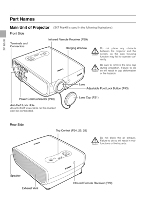 Page 2222
BEFORE USE
Par t Names
Main Unit of Projector
Front Side
Rear Side
(SX7 MarkII is used in the following illustrations)
Infrared Remote Receiver (P29)
Ranging Window
Lens
Lens Cap (P21) Terminals and 
Connectors
Power Cord Connector (P40)
Anti-theft Lock Hole
An anti-theft wire cable on the market 
can be connected.
Do not place any obstacle
between the projector and the
screen, as the auto focusing
function may fail to operate cor-
rectly.
Be sure to remove the lens cap
during projection. Failure to...