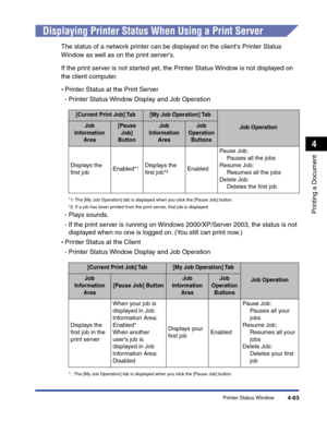 Page 232Printer Status Window4-63
Printing a Document
4
Displaying Printer Status When Using a Print Server
The status of a network printer can be displayed on the clients Printer Status 
Window as well as on the print servers.
If the print server is not started yet, the Printer Status Window is not displayed on 
the client computer.
•Printer Status at the Print Server
-Printer Status Window Display and Job Operation
*1: The [My Job Operation] tab is displayed when you click the [Pause Job] button.
*2: If a job...