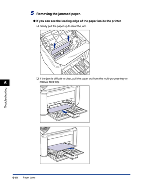 Page 271Paper Jams6-10
Troubleshooting
6
5Removing the jammed paper.
●If you can see the leading edge of the paper inside the printer
❑
Gently pull the paper up to clear the jam.
❑If the jam is difﬁcult to clear, pull the paper out from the multi-purpose tray or 
manual feed tray. 