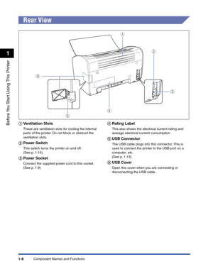 Page 29Component Names and Functions1-6
Before You Start Using This Printer
1
Rear View
aa a a
Ventilation Slots
These are ventilation slots for cooling the internal 
parts of the printer. Do not block or obstruct the 
ventilation slots.
bb b b
Power Switch
This switch turns the printer on and off.  
(See p. 1-15)
cc c c
Power Socket
Connect the supplied power cord to this socket.  
(See p. 1-9)
dd d d
Rating Label
This also shows the electrical current rating and 
average electrical current consumption.
ee e...