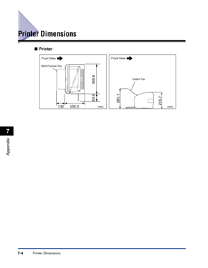 Page 301Printer Dimensions7-4
Appendix
7
Printer Dimensions
■Printer
(mm)216.7281.1(mm)
369.8 63.9
132 250.5
Front View
Front View
Output Tray Multi-Purpose Tray 