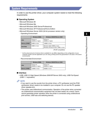 Page 98Introduction3-3
Setting Up the Printing Environment
3
System Requirements
In order to use the printer driver, your computer system needs to meet the following 
requirements:
■Operating System
•Microsoft Windows 98
•Microsoft Windows Me
•Microsoft Windows 2000 Server/Professional
•Microsoft Windows XP Professional/Home Edition
•Microsoft Windows Server 2003 (32-bit processor version only)
-Operating Environment
*As the actual amount of memory that is available for use differs depending on the conﬁguration...