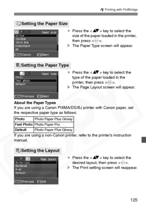 Page 125
125
wPrinting with PictBridge
¡Press the < V> key to select the 
size of the paper loaded in the printer, 
then press < 0>.
s The Paper Type screen will appear.
¡ Press the < V> key to select the 
type of the paper loaded in the 
printer, then press < 0>.
s The Page Layout screen will appear.
About the Paper Types
If you are using a Canon PIXMA/DS/BJ printer with Canon paper, set 
the respective paper type as follows:
If you are using a non-Canon printer, refer to the printer’s instruction 
manual....