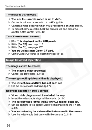Page 156
Troubleshooting Guide
156
¡The lens focus mode switch is set to .
s Set the lens focus mode switch to < AF>. (p.25)
¡ Camera shake occured when you pressed the shutter button.
s To prevent camera shake, hold the camera still and press the 
shutter button gently. (p.28, 42)
¡ [Err **] is displayed on the LCD panel.
s If it is [ Err CF ], see page 118.
s If it is [ Err 02], see page 157.
¡ You are using a non-Canon CF card.
s Using Canon CF cards is recommended. (p.159)
¡ The image is erase-protected.
s...