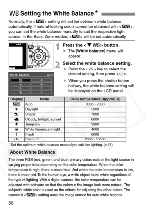 Page 56
56
Normally, the  setting will set the optimum white balance 
automatically. If natural-looking colors cannot be obtained with < Q>,
you can set the white balance manually to suit the respective light 
source. In the Basic Zone modes, < Q> will be set automatically.
1Press the  button.
sThe [ White balance ] menu will 
appear.
2Select the white balance setting.
¡ Press the < S> key to select the 
desired setting, then press < 0>.
¡ When you press the shutter button 
halfway, the white balance setting...