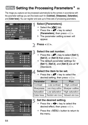Page 64
64
The image you capture can be processed automatically by the camera in accordance with 
the parameter settings you set (ﬁve levels each for [Contrast], [Sharpness ], [Saturation ],
and [Color tone ]). You can register and save up to three sets of processing parameters.
1Select [Parameters].
¡Select the [ m] tab.
¡ Press the < V> key to select 
[ Parameters ], then press < 0>.
s The parameter setting screen will 
appear.
2Press < 0>.
3Select the set number.
¡ Press the < V> key to select [ Set 1],
[...