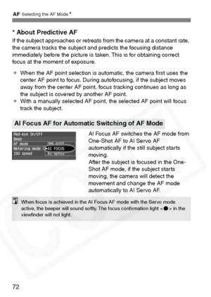 Page 72
f Selecting the AF Mode N
72 * About Predictive AF
If the subject approaches or retreats from the camera at a constant rate, 
the camera tracks the subject and predicts the focusing distance 
immediately before the picture is taken. This is for obtaining correct 
focus at the moment of exposure.
¡When the AF point selection is automatic, the camera ﬁrst uses the 
center AF point to focus. During autofocusing, if the subject moves 
away from the center AF point, focus tracking continues as long as 
the...