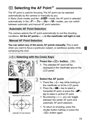 Page 73
73
The AF point is used for focusing. The AF point can be selected 
automatically by the camera or manually by you.
In Basic Zone modes and the <
88 8
8> mode, the AF point is selected 
automatically. In the < d> < s >   modes, you can switch 
between automatic and manual AF point selection.
The camera selects the AF point automatically to suit the shooting 
conditions.  All the AF points <  .
 > in the viewﬁnder will light in red.
You can select any of the seven AF points manually.  This is best 
when...