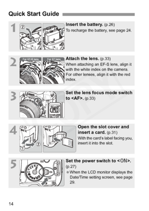 Page 14
14
Quick Start Guide
1
Insert the battery. (p.26)
To recharge the battery, see page 24.
2
Attach the lens. (p.33)
When attaching an EF-S lens, align it 
with the white index on the camera. 
For other lenses, align it with the red 
index.
3
Set the lens focus mode switch 
to .
 (p.33)
4
Open the slot cover and 
insert a card.
 (p.31)
With the card’s label facing you, 
insert it into the slot.
5
Set the power switch to < 1>. 
(p.27)
  When the LCD monitor displays the 
Date/Time setting screen, see page...