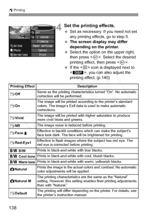 Page 138
wPrinting
138
4Set the printing effects.
 Set as necessary. If you need not set 
any printing effects, go to step 5.
  The screen display may differ 
depending on the printer.
  Select the option on the upper right, 
then press < 0>. Select the desired 
printing effect, then press < 0>.
  If the < e> icon is displayed next to 
< z >, you can also adjust the 
printing effect. (p.140)
Printing Effect Description
E OffSame as the printing characteristics turned “On”. No automatic 
correction will be...