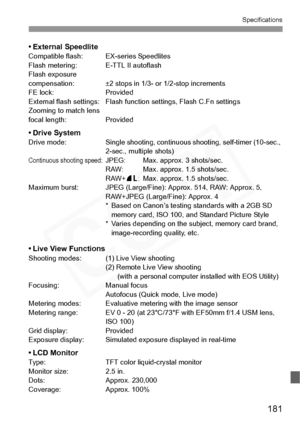 Page 181
181
Specifications
• External SpeedliteCompatible flash: EX-series Speedlites
Flash metering: E-TTL II autoflash
Flash exposure 
compensation: ±2 stops in 1/3- or 1/2-stop increments
FE lock: Provided
External flash settings: Flash function settings, Flash C.Fn settings
Zooming to match lens 
focal length: Provided
• Drive SystemDrive mode: Single shooting, continuous shooting, self-timer (10-sec., 2-sec., multiple shots)
Continuous shooting speed:JPEG:Max. approx. 3 shots/sec.
RAW:Max. approx. 1.5...