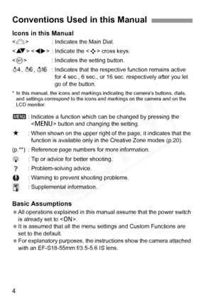 Page 4
4 Icons in this Manual
 : Indicates the Main Dial.
< V >  : Indicate the < S> cross keys.
< 0 > : Indicates the setting button.
0 , 9 , 8 : Indicates that the respective function remains active 
for 4 sec., 6 sec., or 16 sec.  respectively after you let 
go of the button.
* In this manual, the icons and markings  indicating the camera’s buttons, dials, 
and settings correspond to the icons and markings on the camera and on the 
LCD monitor.
3 : Indicates a function which  can be changed by pressing the...