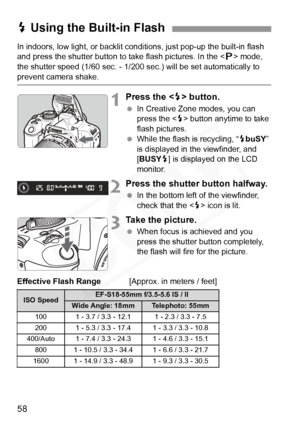 Page 58
58
In indoors, low light, or backlit conditions, just pop-up the built-in flash 
and press the shutter button to take flash pictures. In the < d> mode, 
the shutter speed (1/60 sec. - 1/200 se c.) will be set automatically to 
prevent camera shake.
1Press the  button.
  In Creative Zone modes, you can 
press the < D> button anytime to take 
flash pictures.
  While the flash is recycling, “ DbuSY ” 
is displayed in the viewfinder, and 
[ BUSY D] is displayed on the LCD 
monitor.
2Press the shutter button...