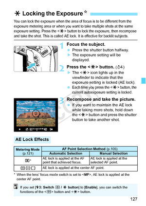 Page 127127
You can lock the exposure when the area of focus is to be different from the 
exposure metering area or  when you want to take mult iple shots at the same 
exposure setting.  Press the <
A> button to lock the ex posure, then recompose and take the shot. This is called AE lock.  It is effective for backlit subjects.
1Focus the subject.
 Press the shutter button halfway.
X The exposure setting will be 
displayed.
2Press the < A> button. (0 )
X The < A> icon lights up in the 
viewfinder to indicate that...