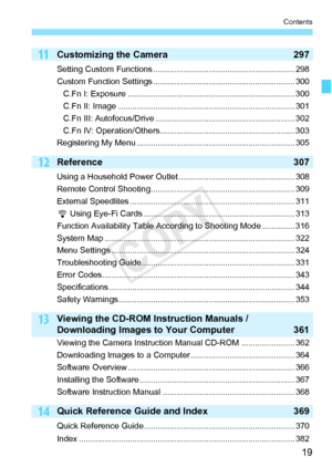 Page 1919
Contents
13
14
12
11Customizing the Camera297
Setting Custom Functions ............................................................. 298
Custom Function Settings .... ......................................................... 300
C.Fn I: Exposure ...................................................... .................. 300
C.Fn II: Image ............................................................................ 301
C.Fn III: Autofocus/Drive ....................