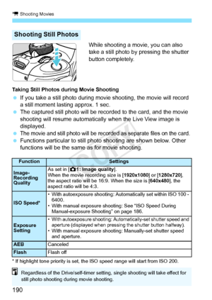 Page 190k Shooting Movies
190
While shooting a movie, you can also 
take a still photo by pressing the shutter 
button completely.
Taking Still Photos during Movie Shooting
 If you take a still photo during movie shooting, the movie will record 
a still moment lasting approx. 1 sec.
  The captured still photo will be reco rded to the card, and the movie 
shooting will resume automatically  when the Live View image is 
displayed.
 
The movie and still photo will be recor ded as separate files on the card....