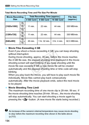 Page 1943 Setting the Movie Recording Size
194
Total Movie Recording Time  and File Size Per Minute
 Movie Files Exceeding 4 GB
Even if you shoot a movie exceed ing 4 GB, you can keep shooting 
without interruption.
During movie shooting, approx. 30 sec. before the movie reaches 
the 4 GB file size, the elapsed sh ooting time displayed in the movie 
shooting screen will start blinking. If you keep shooting until the 
movie file size exceeds 4 GB, a new movie file will be created 
automatically and the elapsed...