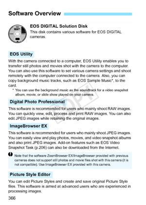 Page 366366EOS DIGITAL Solution Disk
This disk contains various software for EOS DIGITAL 
cameras.
With the camera connected to a computer, EOS Utility enables you to 
transfer still photos and movies shot with the camera to the computer. 
You can also use this software to  set various camera settings and shoot 
remotely with the computer connected to the camera. Also, you can 
copy background music tracks, such as EOS Sample Music*, to the 
card.
* You can use the background music as the soundtrack for  a video...