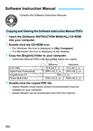 Page 368368
Contains the Software Instruction Manuals.
1Insert the [Software INSTRUCTION MANUAL] CD-ROM 
into your computer.
2Double-click the CD-ROM icon.
 For Windows, the icon is displayed in [ (My) Computer].
  For Macintosh, the icon is  displayed on the desktop.
3Copy the [English] folder to your computer.
 Instruction Manual PDFs wit h the names below are copied.
4Double-click the copied PDF file.
 Adobe Reader (most recent version recommended) must be 
installed on your computer.
  Adobe Reader can be...