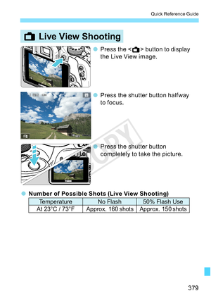 Page 379379
Quick Reference Guide
A Live View Shooting
oPress the <
A>buttontodisplay
the Live View image.
o Press the shutter button halfway
to focus.
o Press the shutter button
completely to take the picture.
oNumber of Possible Shots (Live View Shooting)
Temperature No Flash 50% Flash Use
At 23°C / 73°F Approx. 160 shots Approx. 150 shots
COPY  