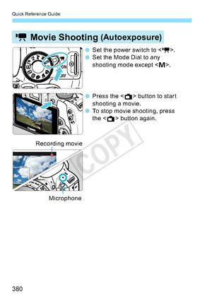 Page 380Quick Reference Guide
380
k Movie Shooting (Autoexposure)
o
Set the power switch to <
k>.
o Set the Mode Dial to any
shooting mode except <
a>.
o Press the
A>buttontostart
shooting a movie.
o To stop movie shooting, press
the <
A>buttonagain.
Recording movie
Microphone <
COPY  