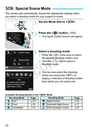 Page 7272
The camera will automatically choose the appropriate settings when 
you select a shooting mode for your subject or scene.
1Set the Mode Dial to .
2Press the < Q> button. (7 )
X The Quick Control screen will appear.
3Select a shooting mode.
  Press the < S> cross keys to select 
the desired shooting mode’s icon.
  Turn the < 6> dial to select a 
shooting mode.
  You can also select the shooting 
mode icon and press < 0> to 
display a selection of shooting modes 
from which you can select one.
Available...