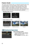 Page 5252
The Feature guide appears when you change the shooting mode or set 
a shooting function, Live View sh ooting, movie shooting, or Quick 
Control for playback, and displays a brief description of that mode, 
function or option. It also displays a description when you select a 
function or option on the Quick Cont rol screen. The Feature guide turns 
off when you tap the description or proceed with the operation.
 Shooting mode  (Sample) 
  Quick Control (Sample)
Select [Feature guide].
 Under the [ 53]...