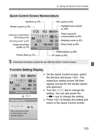 Page 103
103
0 Using the Quick Control Screen
  On the Quick Control screen, select 
the function and press < 0>. The 
respective setting screen will then 
appear (except for the shutter speed 
and aperture).
  Turn the < 6> dial to change the 
setting. You can also press the 
< U > key to change the setting. 
  Press < 0> to finalize the setting and 
return to the Qu ick Control screen.
Quick Control Screen Nomenclature
Function Setting Display
Shutter speed (p.76)Aperture (p.78)
ISO speed (p.60)
Highlight tone...