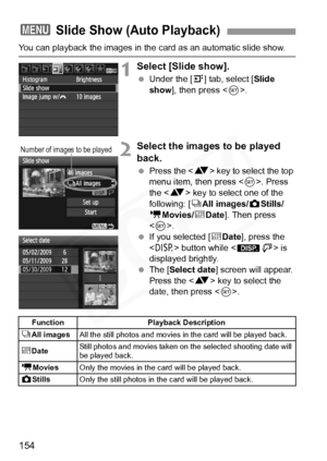 Page 154
154
You can playback the images in the card as an automatic slide show.
1Select [Slide show].
 Under the [ 4] tab, select [ Slide 
show ], then press < 0>.
2Select the images to be played 
back.
  Press the < V> key to select the top 
menu item, then press < 0>. Press 
the < V> key to select one of the 
following: [ jAll images/ zStills/
k Movies/ iDate ]. Then press 
< 0 >.
  If you selected [ iDate ], press the 
< B > button while < zH> is 
displayed brightly.
  The [ Select date ] screen will appear....