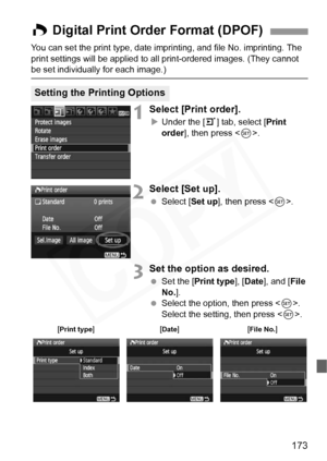 Page 173
173
You can set the print type, date imprinting, and file No. imprinting. The 
print settings will be applied to al l print-ordered images. (They cannot 
be set individually for each image.)
1Select [Print order].
XUnder the [ 3] tab, select [ Print 
order ], then press < 0>.
2Select [Set up].
  Select [ Set up], then press < 0>.
3Set the option as desired.
  Set the [ Print type ], [Date ], and [ File 
No. ].
  Select the option, then press < 0>. 
Select the setting, then press < 0>.
W Digital Print...