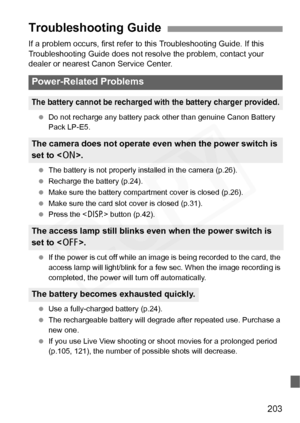 Page 203
203
If a problem occurs, first refer to this Troubleshooting Guide. If this 
Troubleshooting Guide does not resolve the problem, contact your 
dealer or nearest Canon Service Center.
  Do not recharge any battery pack  other than genuine Canon Battery 
Pack LP-E5.
  The battery is not properly installed in the camera (p.26).
  Recharge the battery (p.24).
  Make sure the battery compar tment cover is closed (p.26).
  Make sure the card slot cover is closed (p.31).
  Press the < B> button (p.42).
  If...