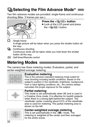 Page 32
The camera has three metering modes: Evaluative, partial, and
center-weighted average metering. 
Evaluative meteringThis is the camera’s standard metering mode suited for
most shooting including backlit conditions. Based on the
subject’s position in the viewfinder, brightness, background,
front or back lighting conditions, etc., the camera always
calculates the proper exposure for the subject.
Partial meteringThis mode is set automatically when AE lock is used in
a Creative Zone mode. It is effective...